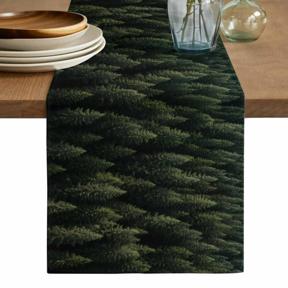 Dark Green Forest Table Runner, Pine Trees Modern Mysterious Art Washable Cotton Linen Table Runners 36 Inches Long, Dresser Scarf Runner for Nightstand/End Tables/Round Tables 13''x36''