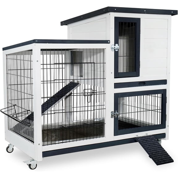 Rabbit Hutch Indoor Bunny Cage Outdoor with Urine Guards 2 Storey Mobile Guinea Pig Cage