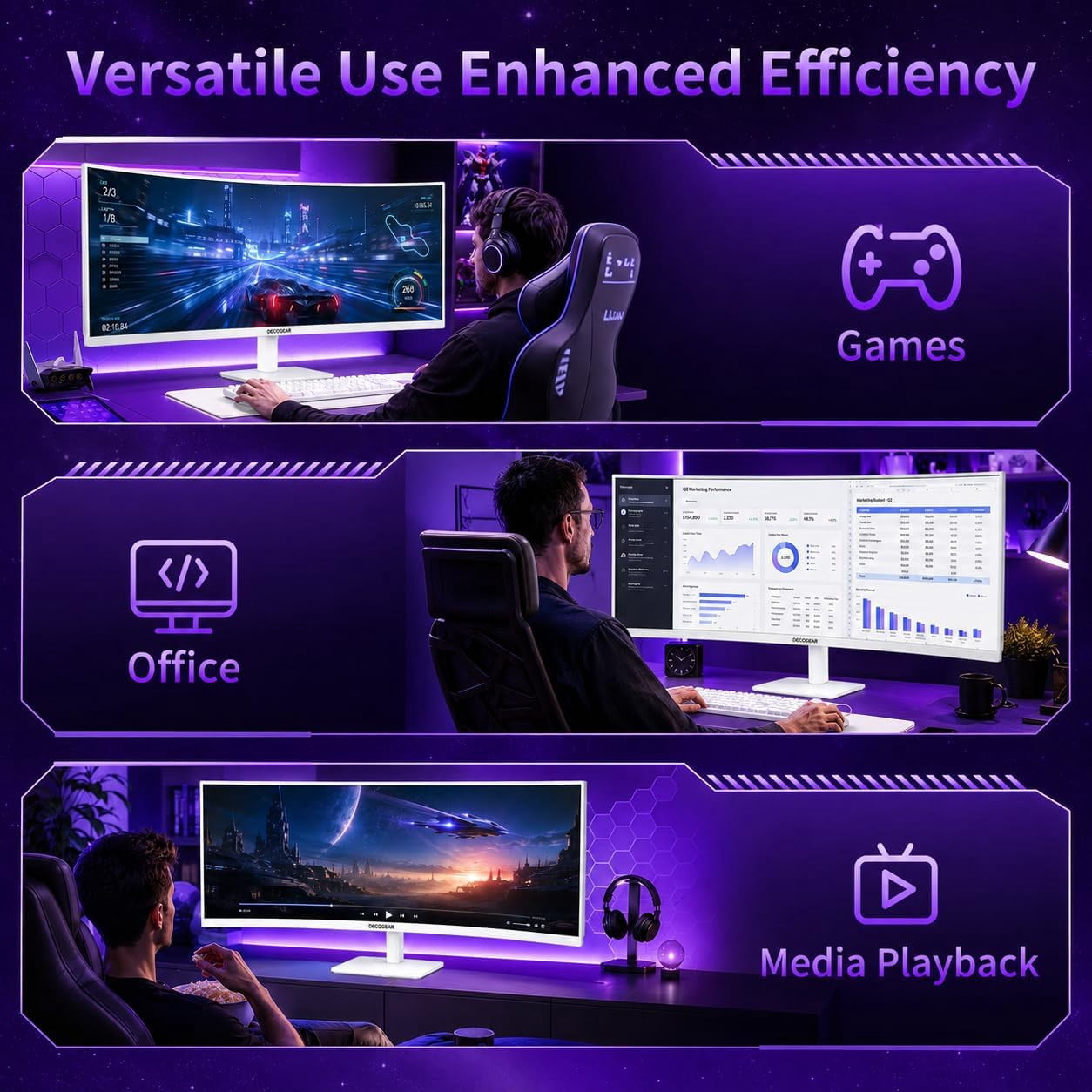 Deco Gear 49" White Curved Monitor, DQHD 5120x1440 120Hz Computer Monitor, 32:9 Ultrawide Monitor, 1ms MPRT Gaming Monitor, 100% sRGB, HDR, USB-C 65W, KVM, Speakers