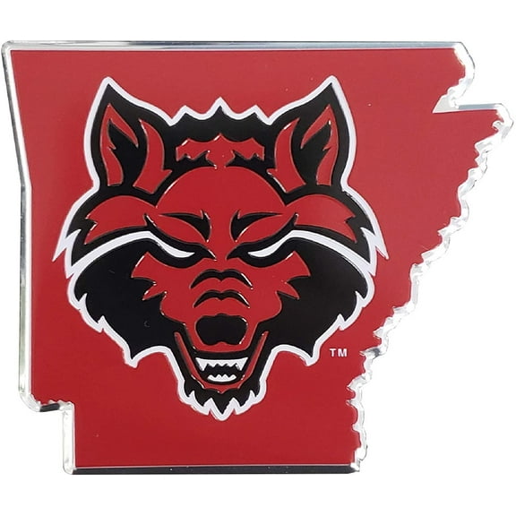 Arkansas State University Red Wolves State DesignAuto Emblem, Aluminum Metal, Embossed Team Color, Raised Decal Sticker, Full Adhesive Backing