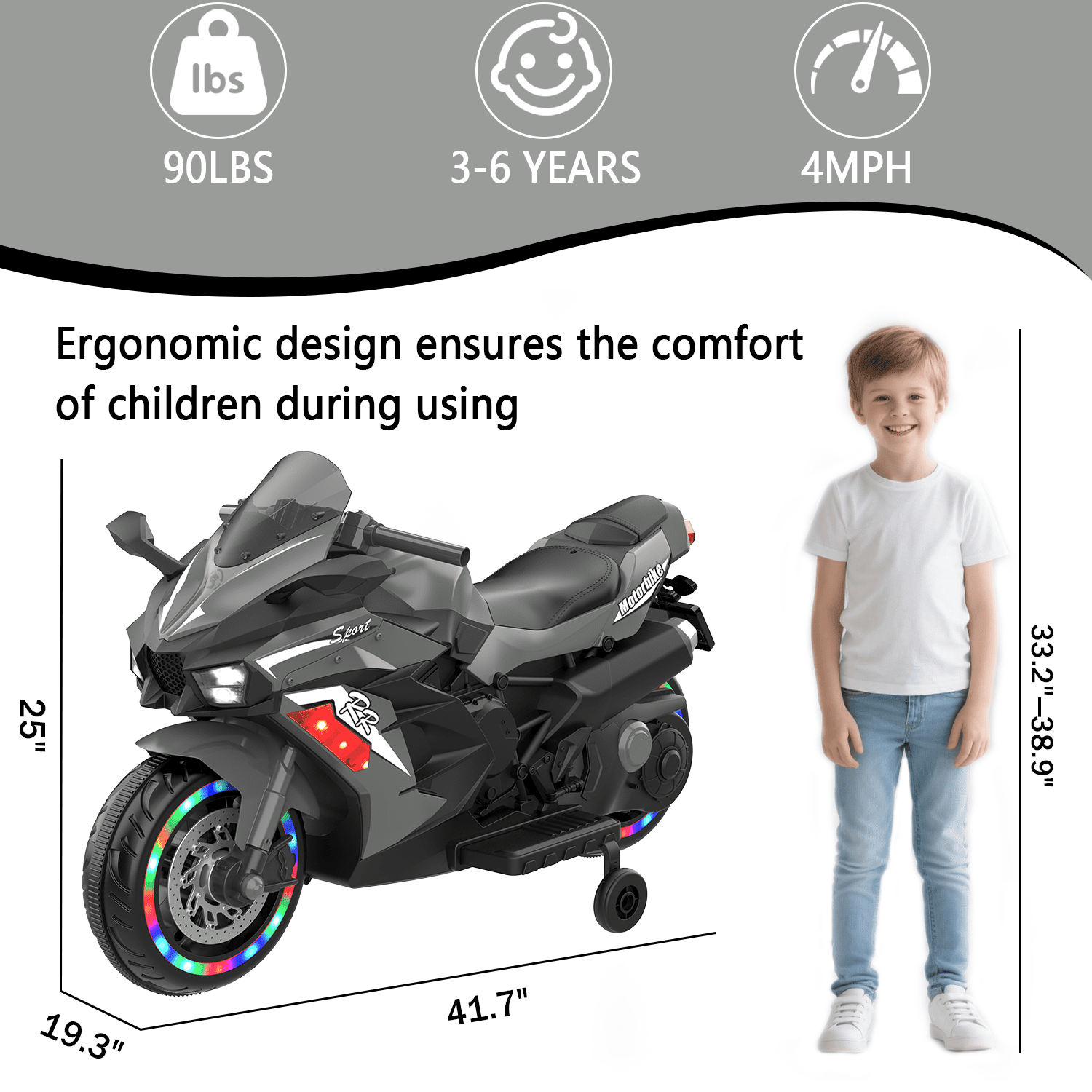 Werseon 12V Motorcycle Ride on Toy for Kids Ages 3+, Rechargeable Motorcycle with LED Light & Training Wheels, up to 90lbs, Gray