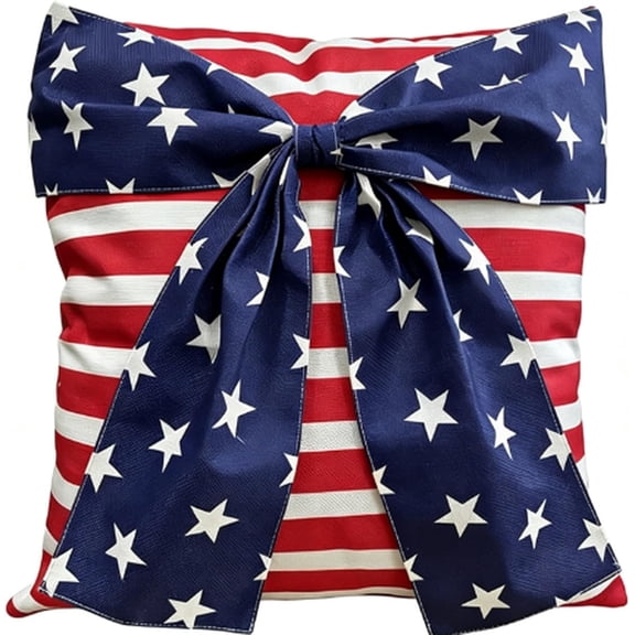 4th of July Pillow Cover 18x18 Inch, Bow America Flag Patriotic 3D Pillowcase, Linen Throw Pillow Cover for Independence Memorial Day (1pc, Insert Not Included)