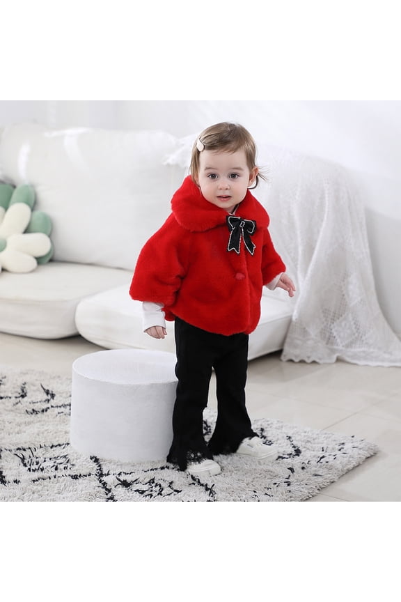 Baby Girls Faux Fur Warm Cloak Coat Cute Winter Furry Cape Jacket Fuzzy Plush Fleece Outwear with Bowknot Red 100