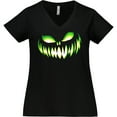 thumbnail image 3 of Inktastic Wide Grinning Pumpkin Face in Lime Green Glow Women's Plus Size V-Neck T-Shirt, 3 of 5