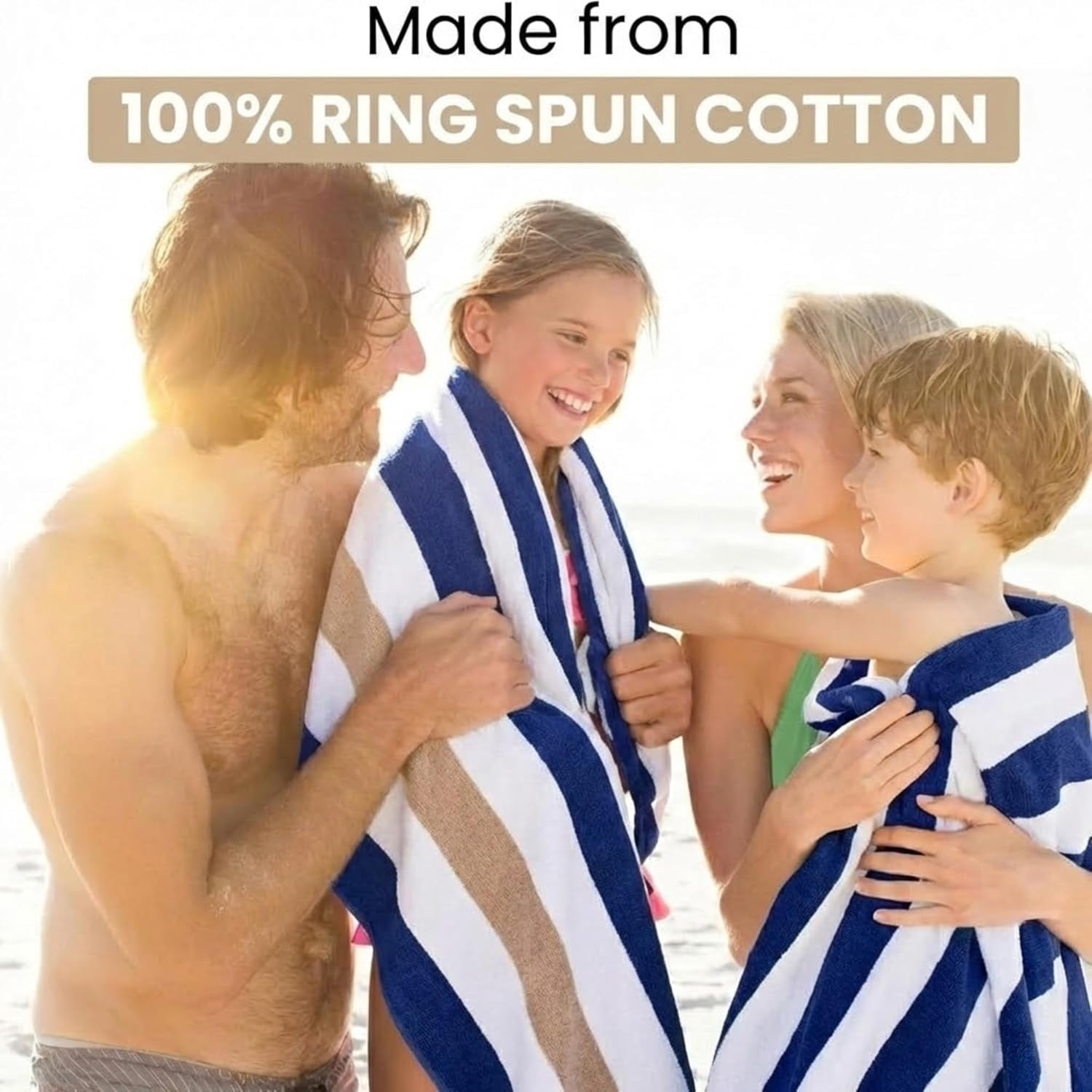Blue & Beige Cabana Stripe Extra Large Bulk Beach Towels 35x70 (Pack of 24) - 100% Ringspun Cotton Pool Towels - 2 Dozen Wholesale Beach Towels - Highly Absorbent Large Towels for Hotels and Resorts