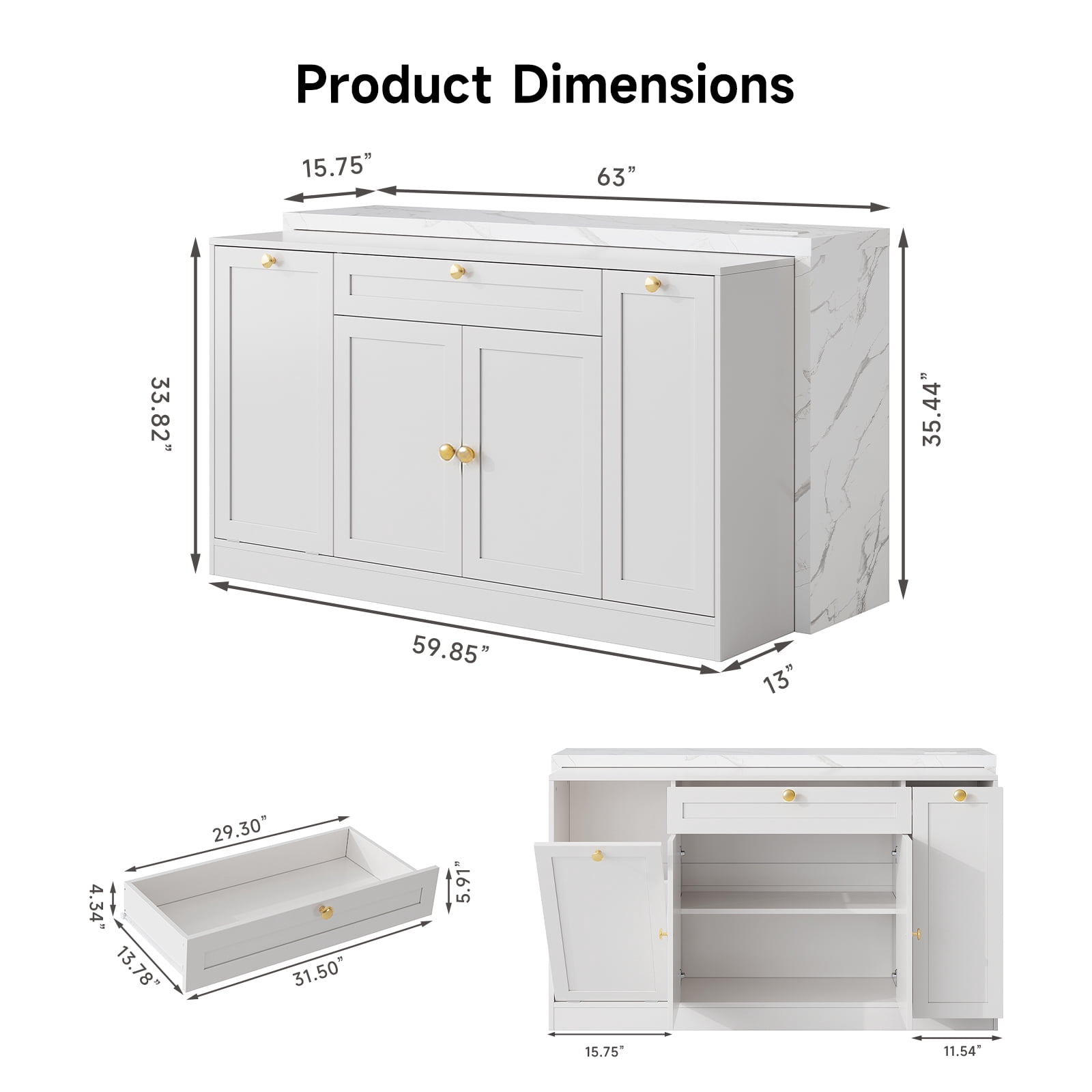 ROGALIS 63"Kitchen Island with Storage, Marble Countertop, Built-in Power Outlet, USB Charging & Trash Cabinet, Multi-Use Island Table for Kitchen Dining Room Living Room,White