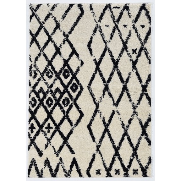 Marrakes Moroccan Ivory Rug 5 x 7 Geometric Distressed Modern Shag Design