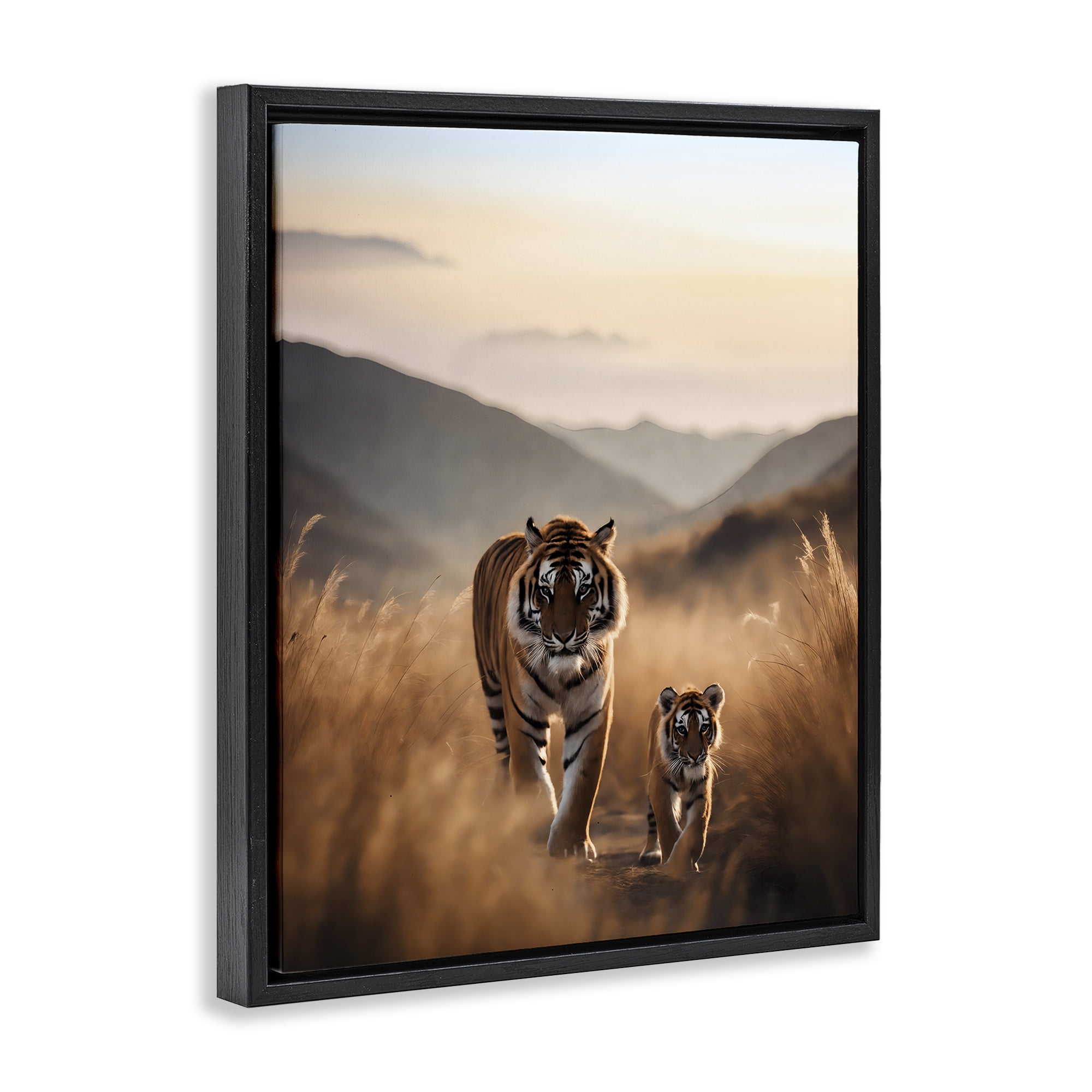 Stupell Industries Tiger & Cub on Savanna Animals Painting Black Floater Framed Canvas Art Print Wall Art, 25 x 31