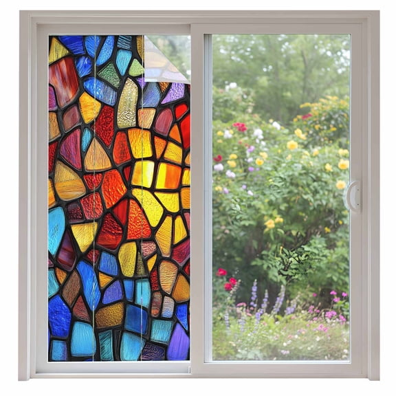 Blue Red Yellow Window Privacy Film, Modern Colored Rainbow Stained Glass Static Cling UV Sun Blocking Heat Control Window Tint Day and Night, Non-Adhesive One Way Windows Privacy Cover 35.4''x78.7''