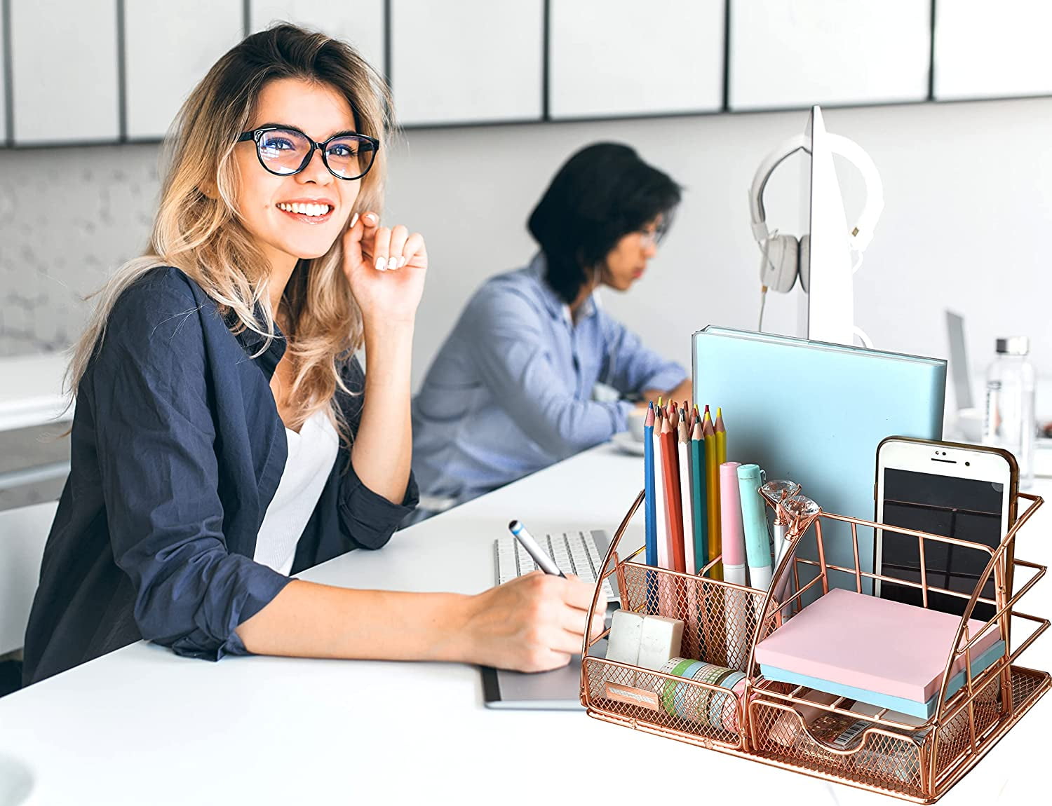 Rose Gold Desk Organizer for Women, Mesh Office Supplies Desk Accessories,  Features 5 Compartments + 1 Mini Sliding Drawer