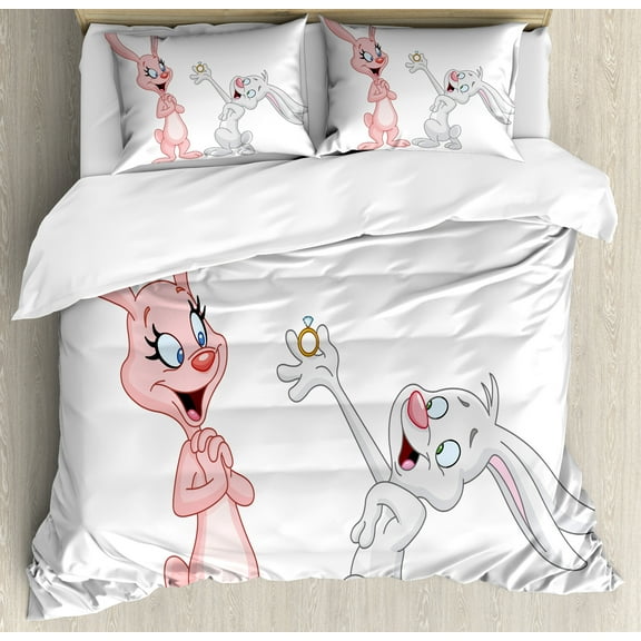 Engagement Party Duvet Cover Set, Cartoon Bunnies Proposing Rabbits with Wedding Ring Art Print, Decorative 3 Piece Bedding Set with 2 Pillow Shams, King Size, Pale Pink and Grey, by Ambesonne