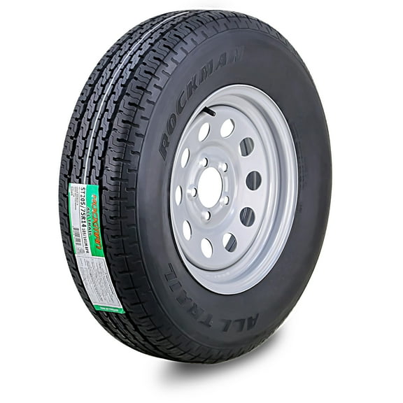 ROCKMAN Trailer Tire Wheel Assembly ST205/75R14 8-Ply D 105M 5 Lug on 4.5" PCD Silver Mod Rim