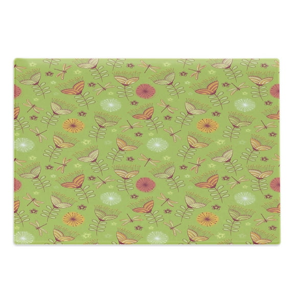 Dragonfly Cutting Board, Bluebell Flower Motifs with Peony Funky Fashioned Boho Retro Pattern Print, Decorative Tempered Glass Cutting and Serving Board, Large Size, Green Pink, by Ambesonne