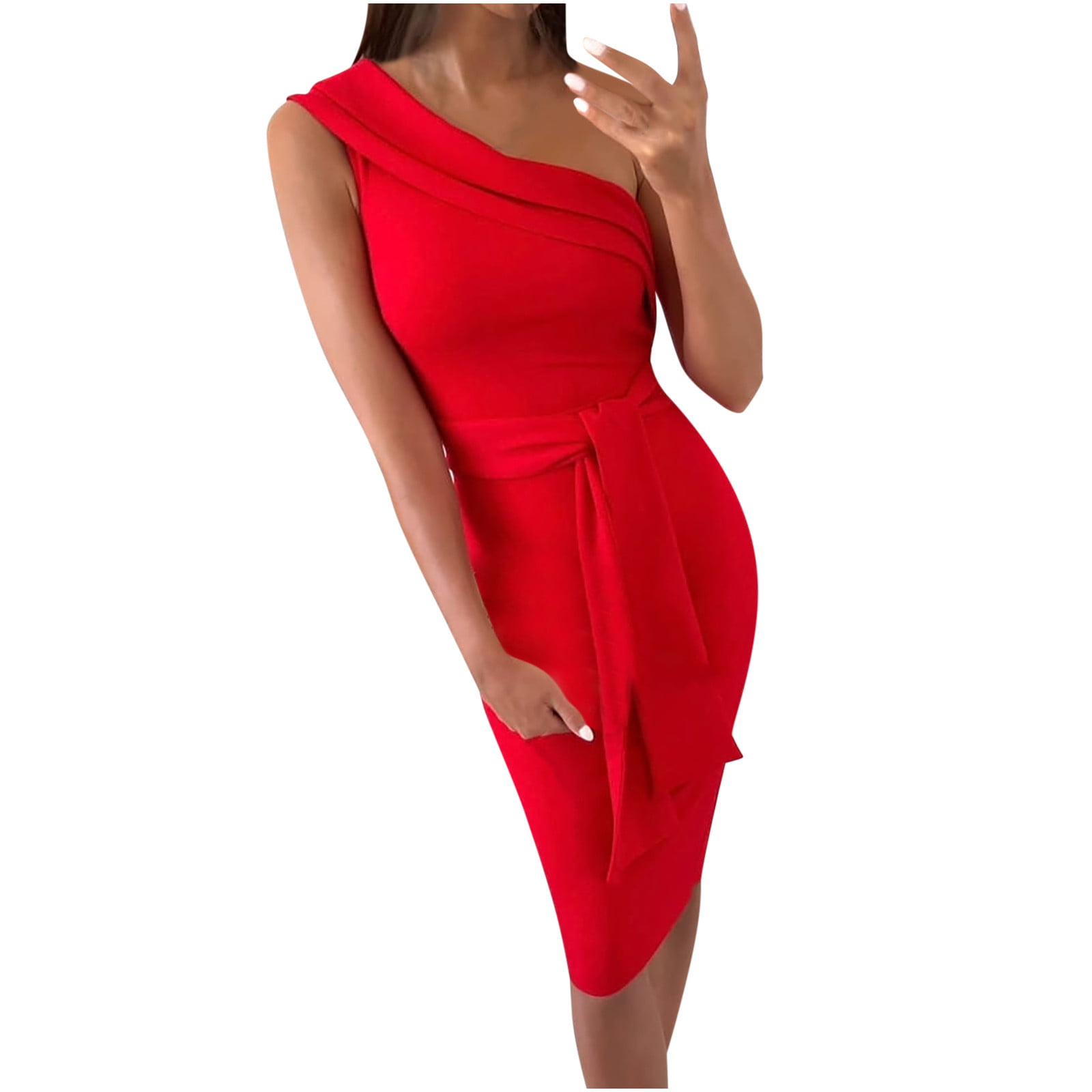 ⭐Women Summer One Shoulder Bodycon Dress Cocktail Party Casual Work Midi Dresses 