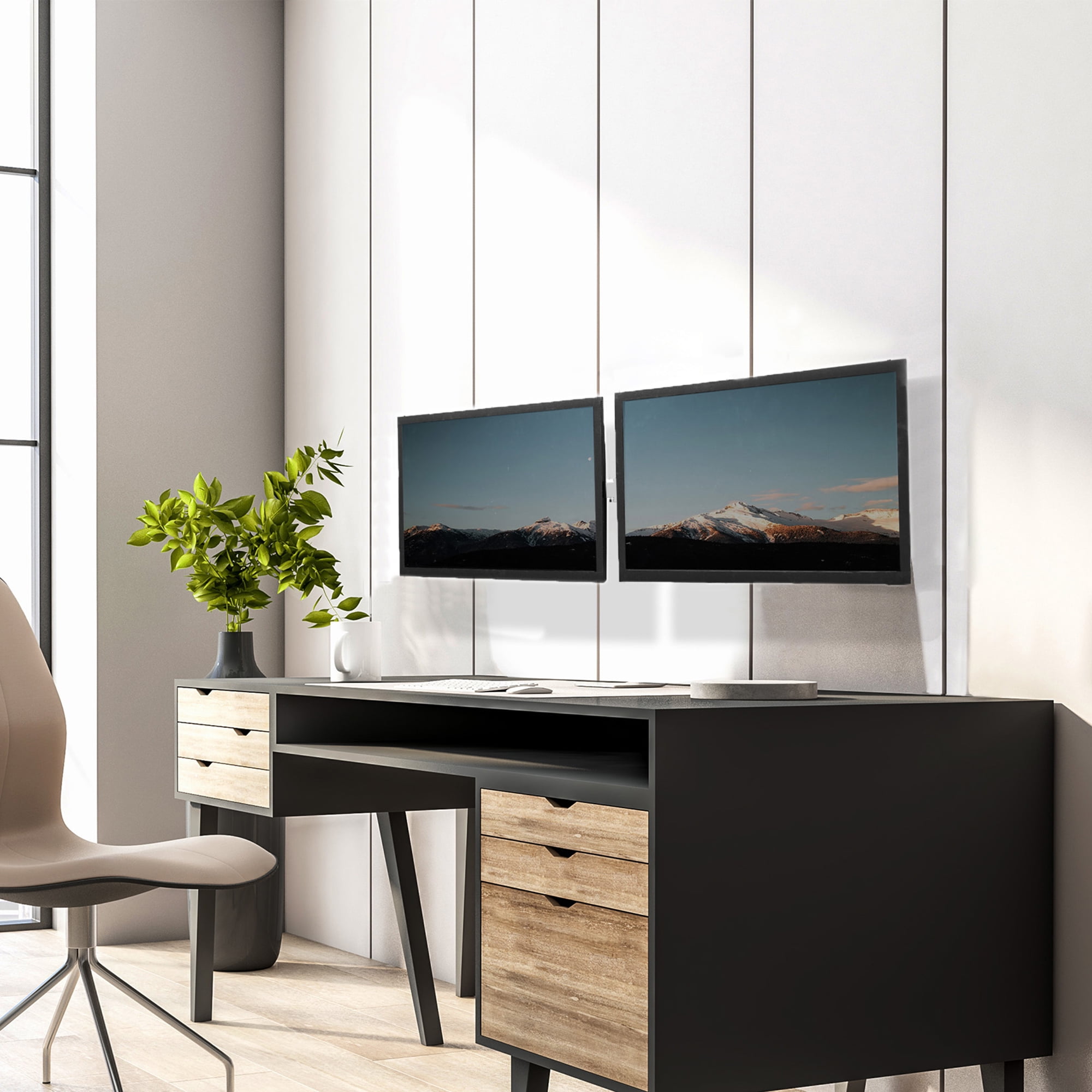 VIVO White Steel Telescoping Flush Wall Mount for Dual 21"-32" Computer Monitors