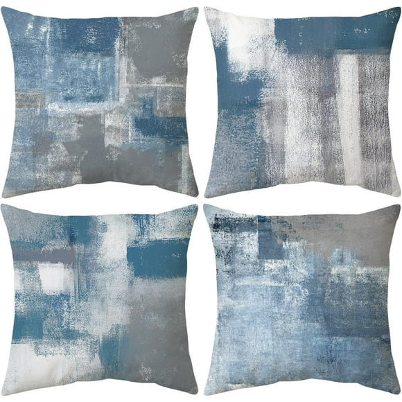 Ensemble de 4 Housses de Coussin Bleues et Grises à Motif Abstrait 18x18 Pouces Galerie Moderne Coussins Décoratifs Housse de Coussin pour Chambre Canapé Salon Rehaussez Votre Espace avec des Designs Artistiques