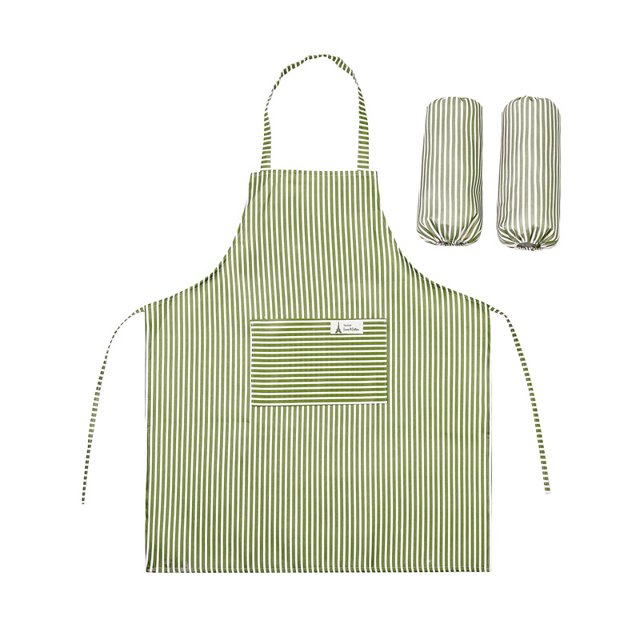 Waterproof Fabric Striped Anti-Fouling Apron Sleeves Housework Restaurant Home Cleaning Two-Piece Kitchen(Green)
