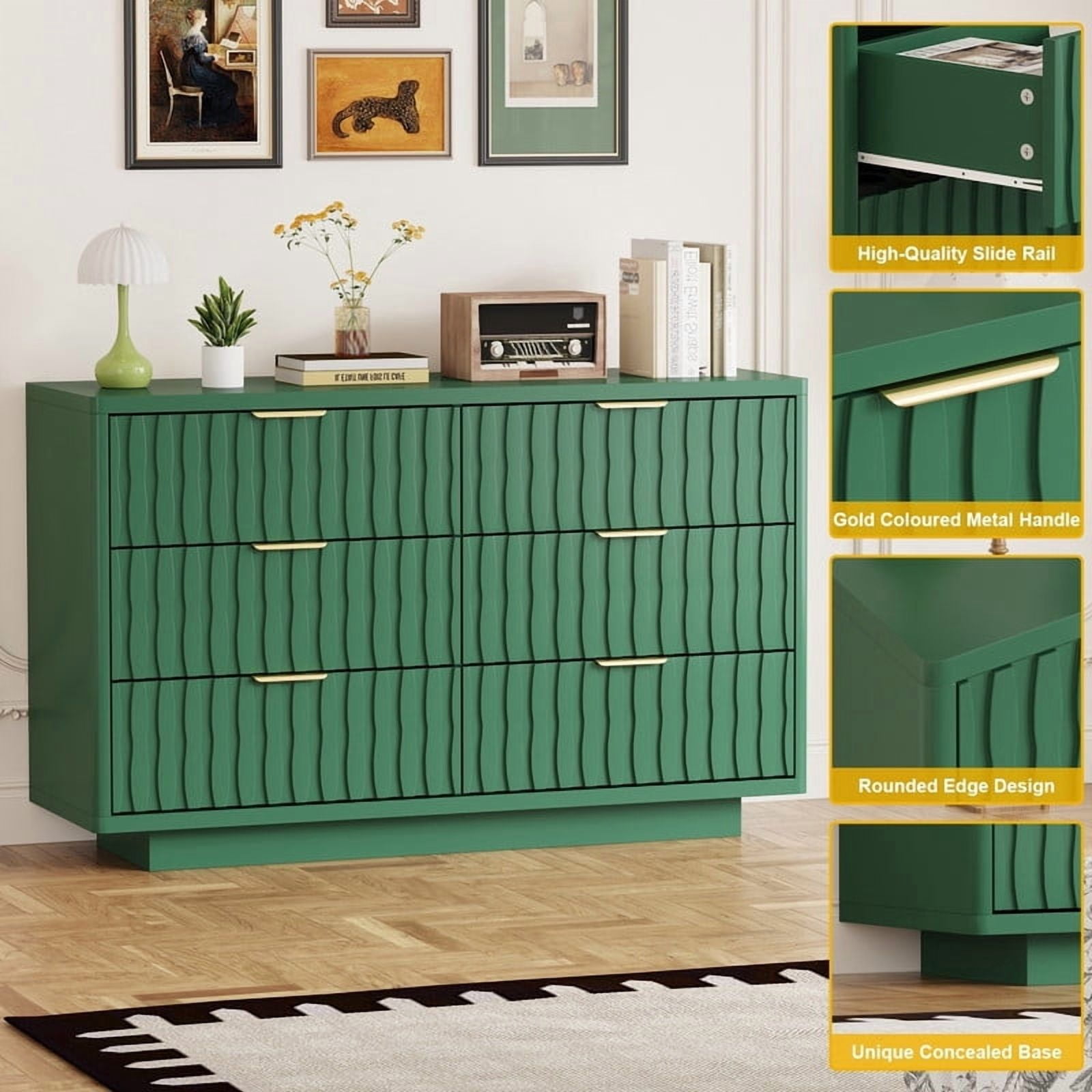 Fluted 6 Drawer Dresser for Bedroom, Wide Modern Chest of Drawers with Metal Handle, Curved Profile Design, Wood Closet Clothes Storage Organizer for Bedroom, Living Room, Hallway
