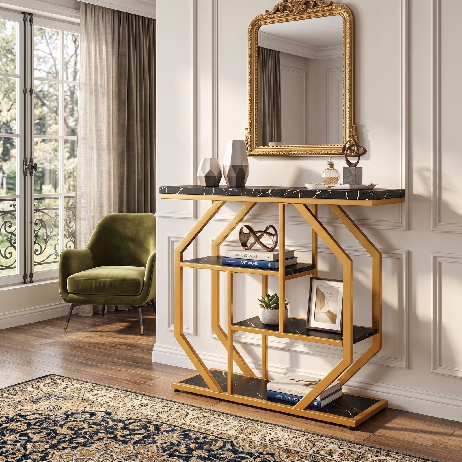 Furnibear Modern Sofa Table Behind Couch 4-Tier Console Table with Faux Marble Tabletop and Open Shelves, Black and Gold