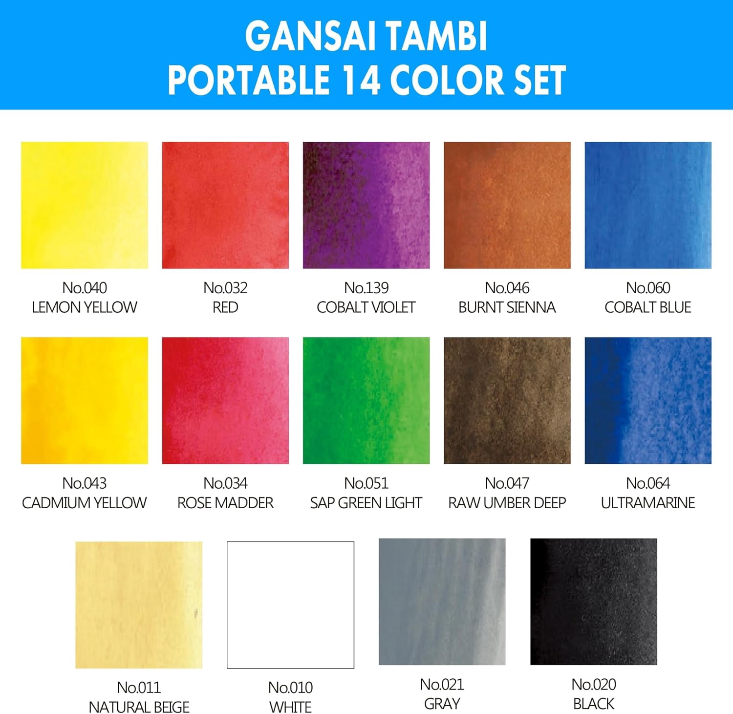GANSAI TAMBI Portable 14 Colors set, Watercolor Paint Set, Travel kit with Brush, , for Professional, Artists, Crafters, Urban Sketch, Outdoor Sketch, Made in Japan