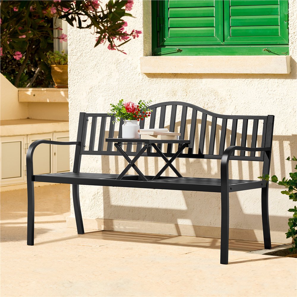 Yaheetech Iron Patio Park Garden Bench Chair with Pullout Adjustable