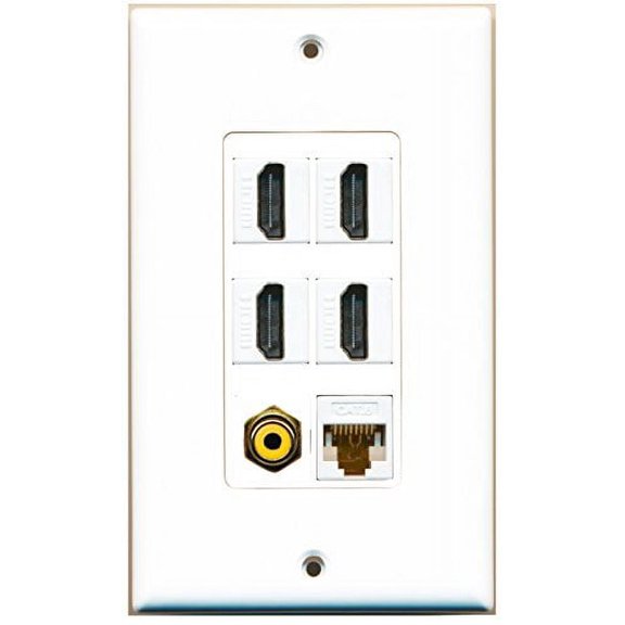 RiteAV - 4 Port HDMI 1 RCA Yellow 1 Cat6 Ethernet White Wall Plate Decorative