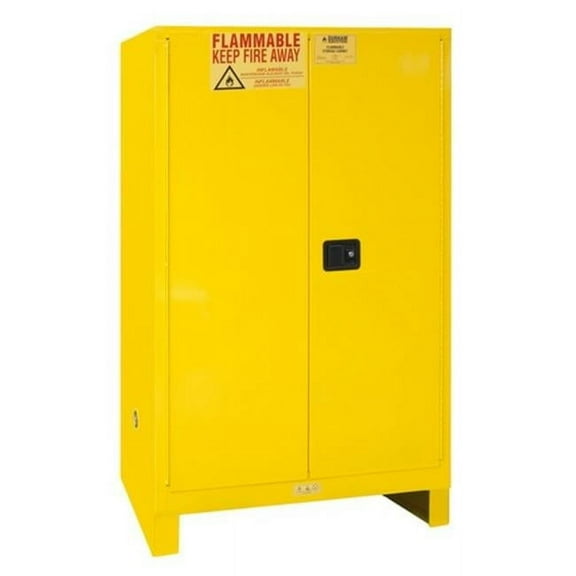Durham 1090ML-50 16 Gauge Welded Flammable Safety Manual Doors Cabinet with Legs & 2 Shelves, Yellow - 90 gal