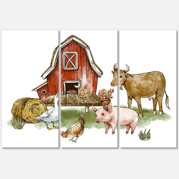 Designart ' Farm House With Goose Cow Pig Chicken and Haystack ' Rustic Canvas Wall Art Print
