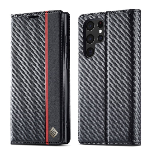 for Samsung Galaxy S23 Ultra 6.8" Carbon Fiber Flip Wallet Case with Card Slots Kickstand Function Magnetic Closure Shockproof Protective Folio Leather Case,A