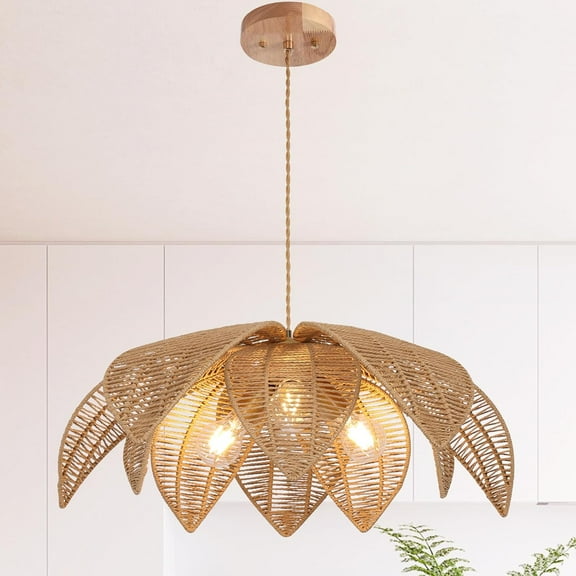 Farmhouse Chandeliers for Dining Room, 3-Light Rattan Boho Chandelier Light Fixture Hand Woven Wicker Pendant Light 24
