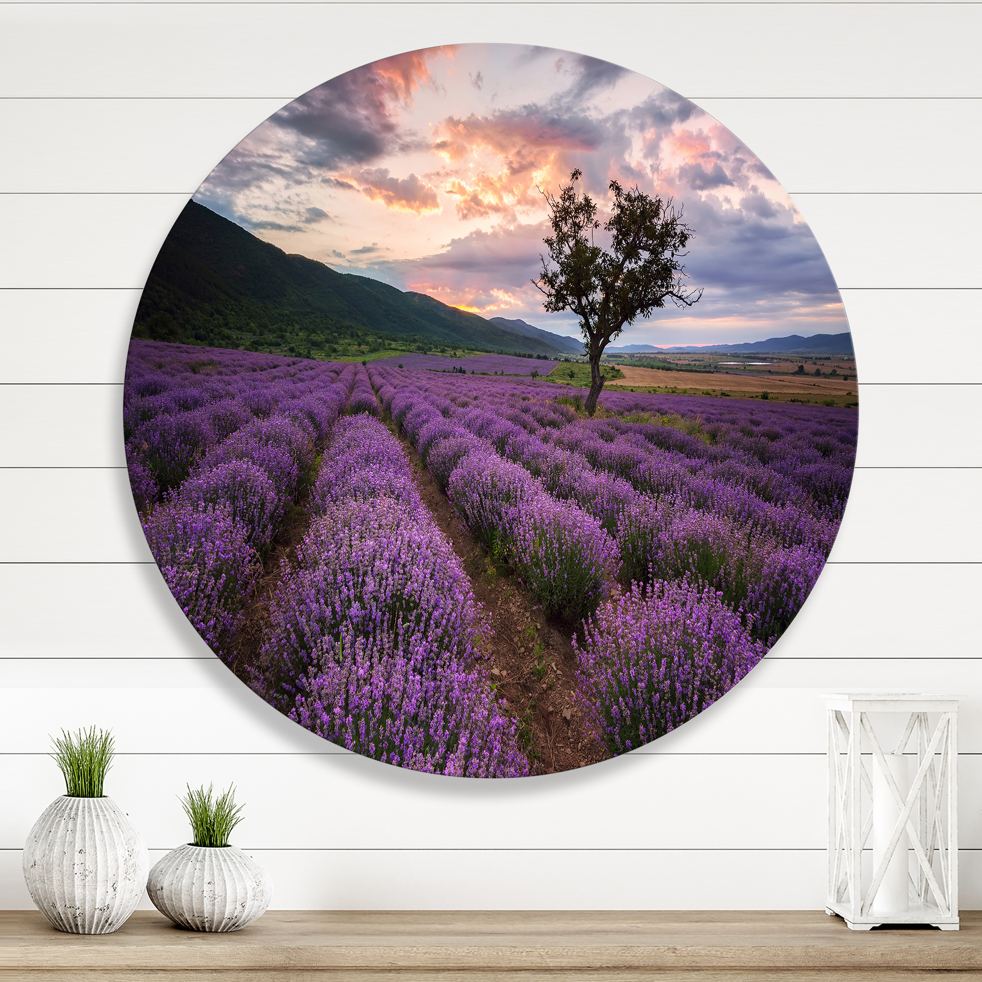 Designart 'Lavender Field At Sunrise III' Farmhouse Circle Metal Wall Art 23x23 - Disc of 23