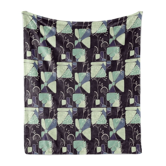 Floral Soft Flannel Fleece Throw Blanket, Geometric Soft Shapes with Flower Silhouettes Spring Summer Print, Cozy Plush for Indoor and Outdoor Use, 60" x 80", Pale Green Slate Blue, by Ambesonne