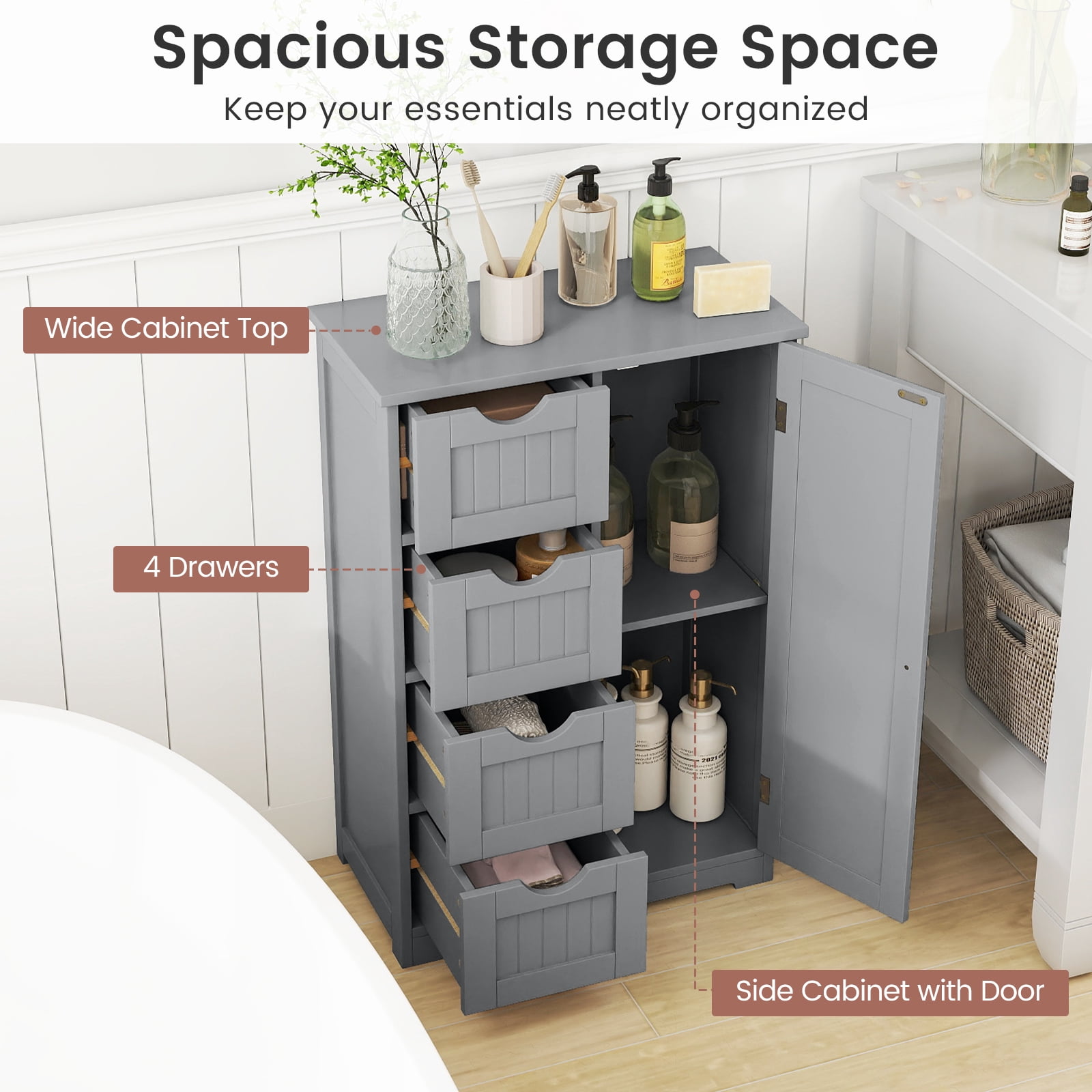 Gymax Bathroom Floor Storage Cabinet Wooden Freestanding Bathroom Storage Unit w/1 Door & 4 Drawers Grey