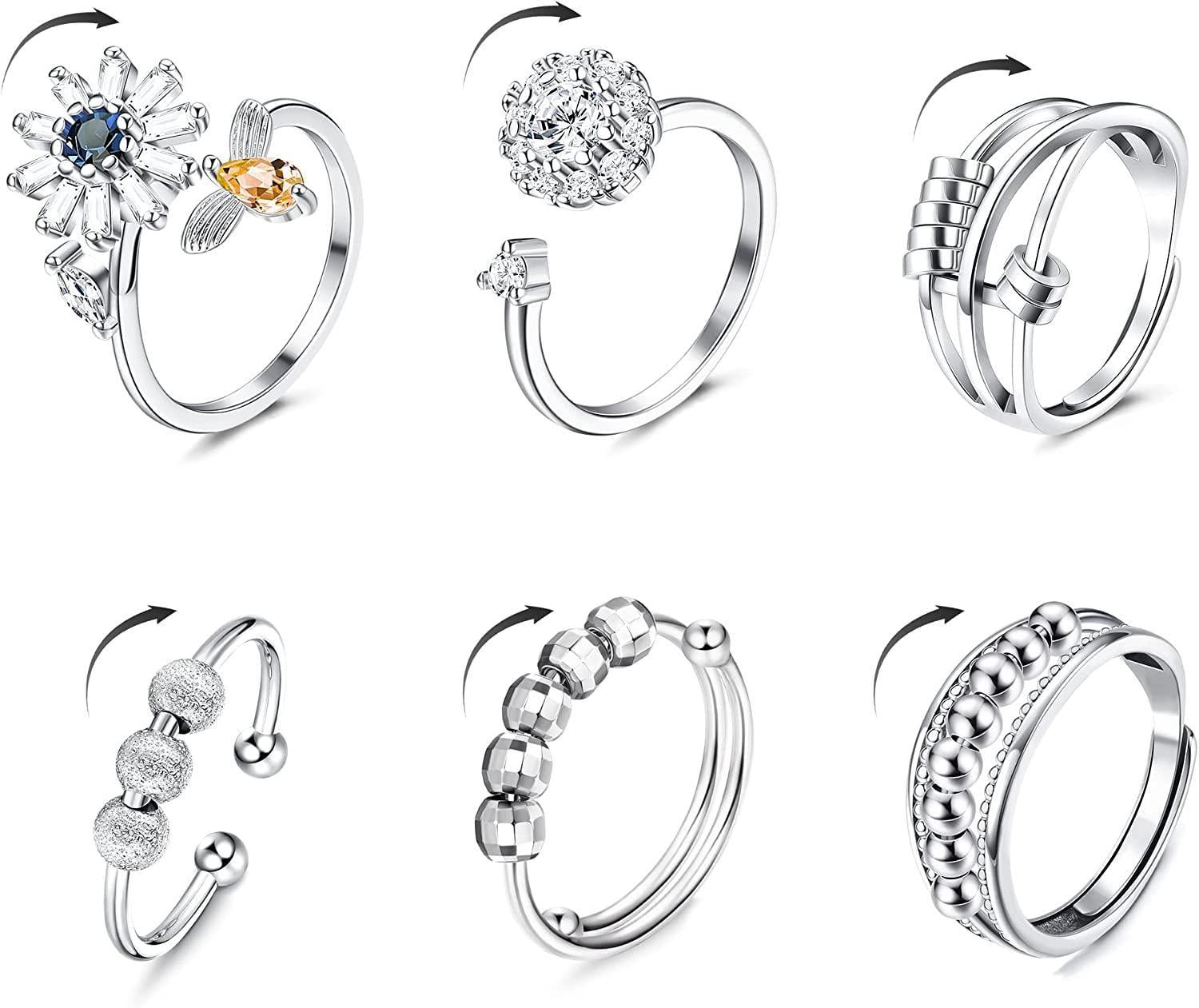 Mqlnutr 6 Pcs Fidget Anxiety Rings for Women Adjustable Open Ring Set Spinner Fidget Rings for
