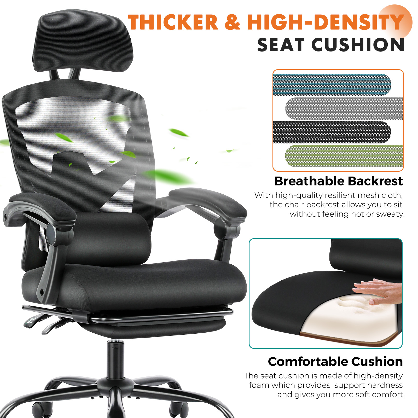 CONCETTA Ergonomic Mesh Office Chair, High Back Swivel Chairs with Adjustable Lumbar Support, Headrest, Footrest, and Armrests, Black