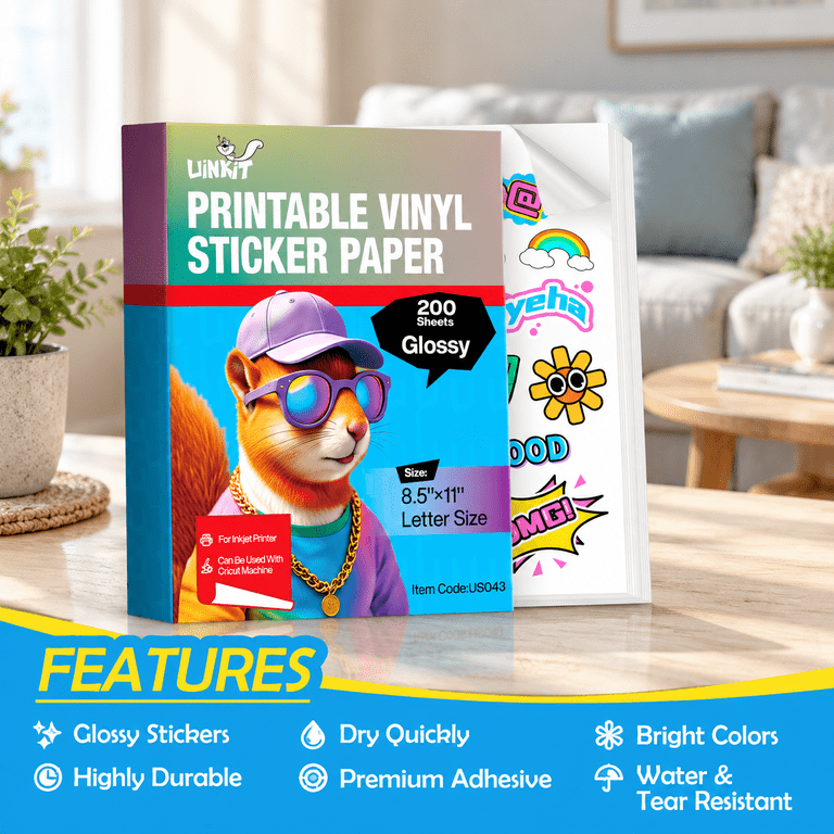Glossy_classic White 200 Sheets 8.5"x11" Printable Vinyl Sticker Paper ...