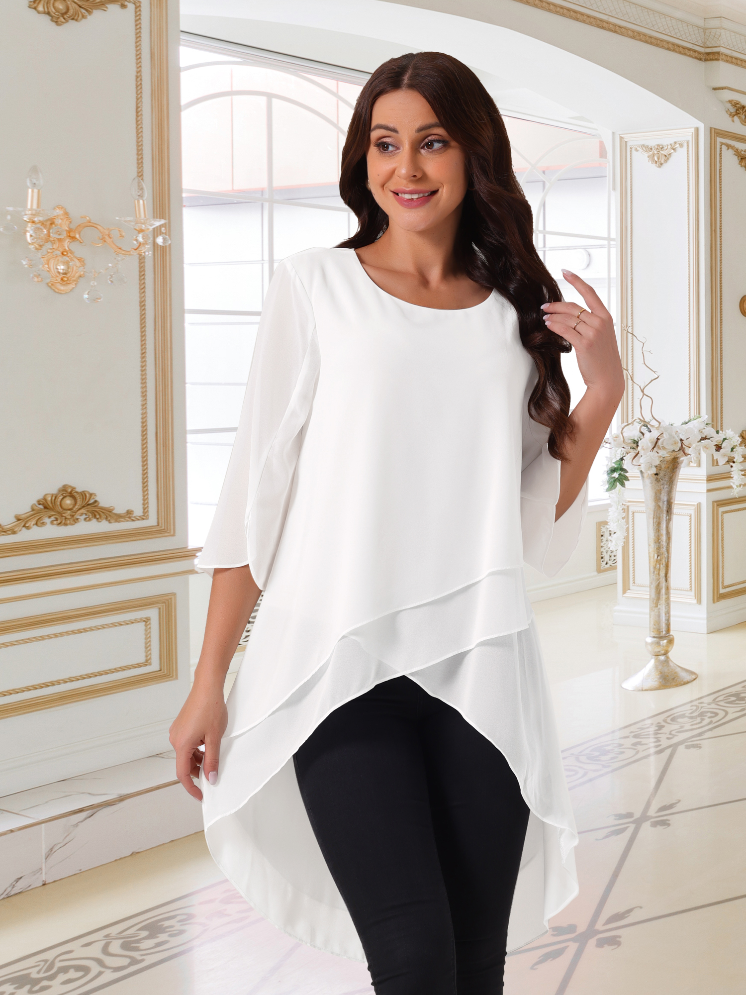 DARING DIVA Women's 3/4 Sleeve High Low Hem Scoop Neck Chiffon Blouses XL White