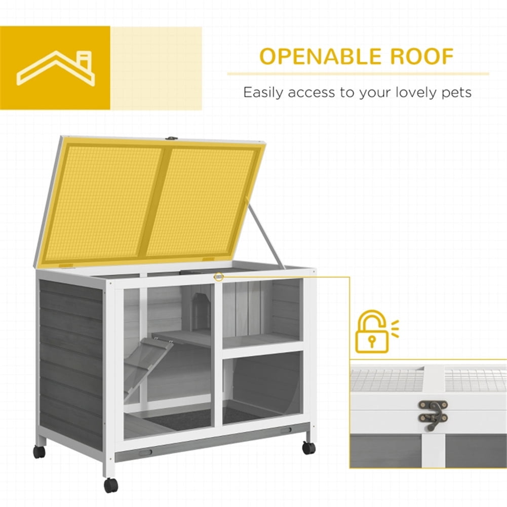 Kepooman 2 Tier Solid Wooden Rabbit Cage with 2 Transparent Rooms for Real Time Observation of Pet Status, Indoor Outdoor Rabbit Cage Guinea Pig Cage Small Animal Pet House, Gray
