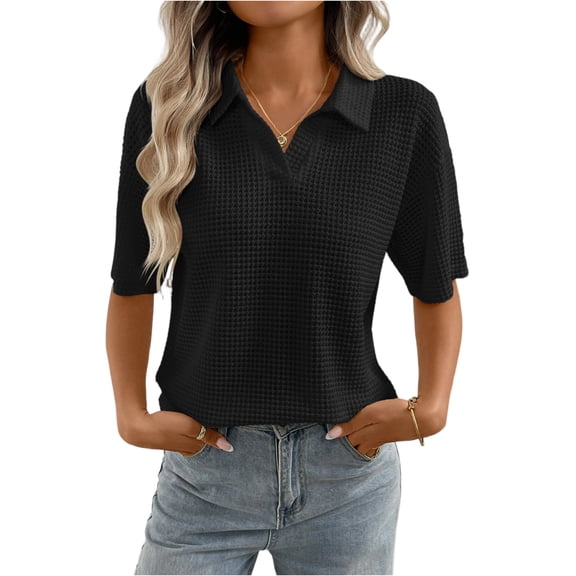 LWavelet Womens Plus Size Collar 3/4 Sleeve Top Waffle Knit Summer Daily Casual Comfortable Versatile Blouse Black S