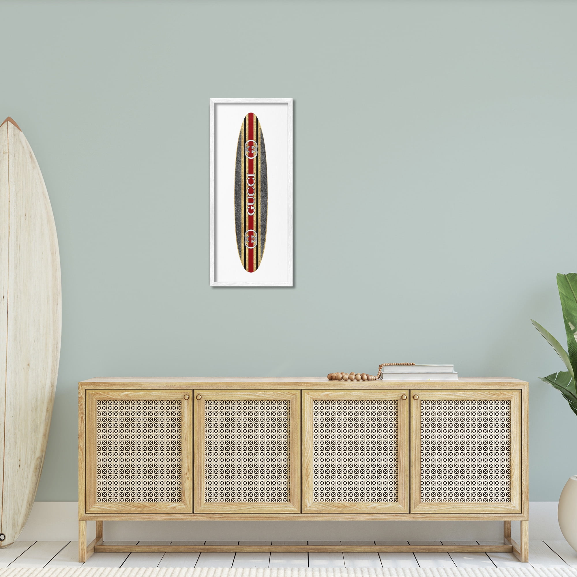 Stupell Industries Fashion Brand Surfboard Nature Painting White Framed Art Print Wall Art, 13 x 30