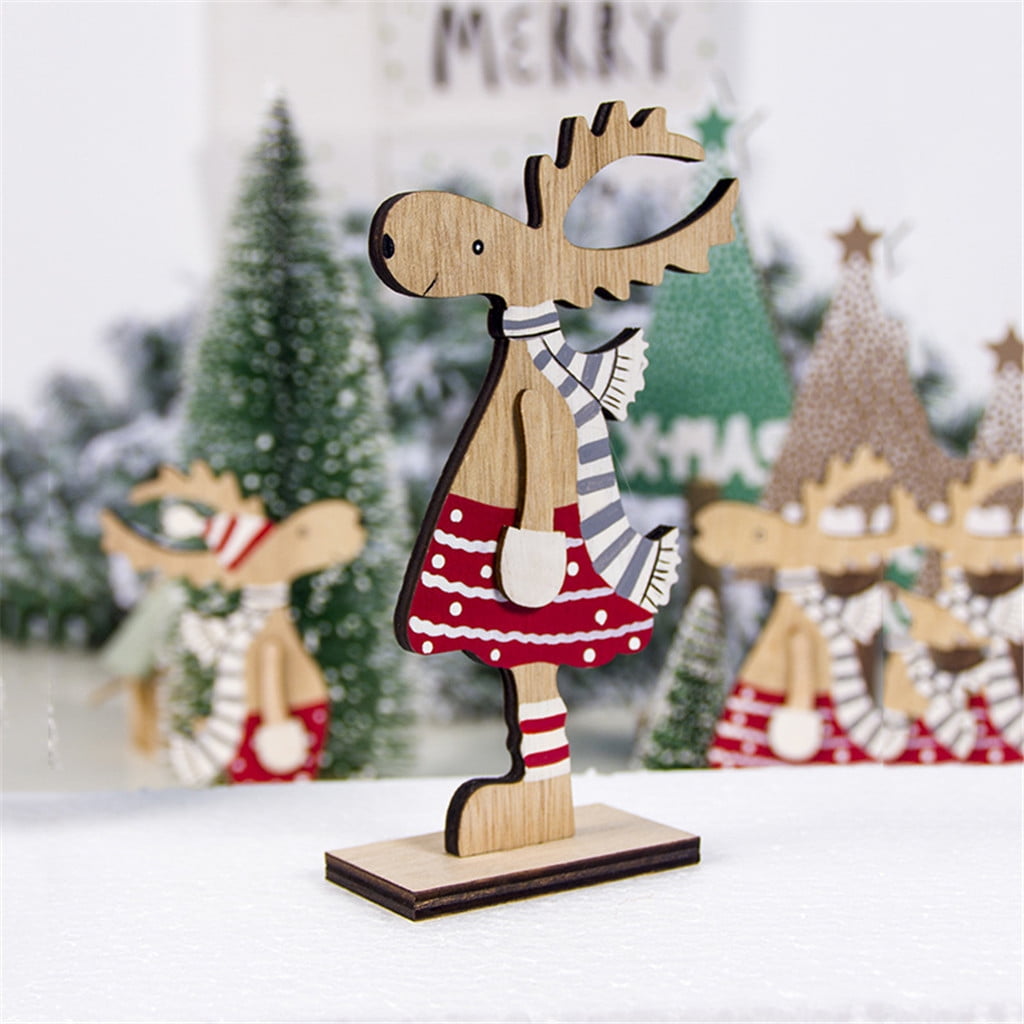 Creative Wooden Elk Ornament with Plush Christmas Home Desktop Decoratisn 