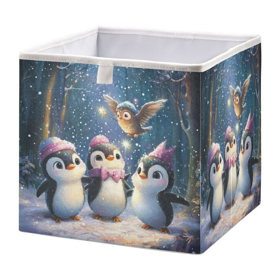 WOBOGO Three Cute Cartoon Penguins Storage Basket Foldable Easy to Clean Durable with Hollow Support Plate with Handle 11.02×11.02×11.02 in