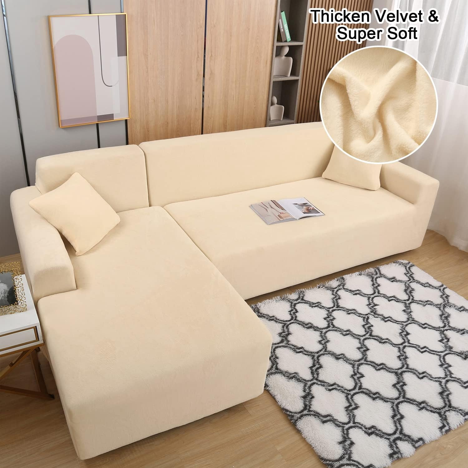 TOPCHANCES 2-Pieces L-Shaped Sectional Sofa Covers, Thicken Velvet Sofa Couch Slipcovers for 3 Seats+3 Seats Corner Couch (Beige)