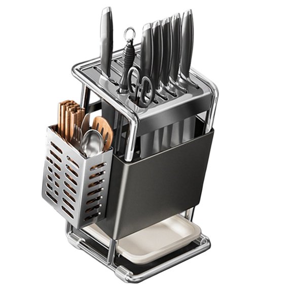 BUYISI Stainless Steel Kitchen Rack with Drain Pan,Non-Slip Mat and Chopstick Holder Gray Carbon Steel