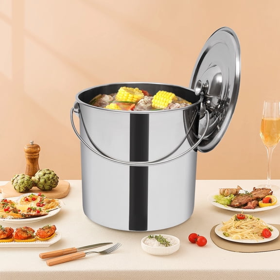 20L 304 Stainless Steel Bucket with Lid Polished Finish, 33.07lbs Load, Round Shape for Kitchen & Garden