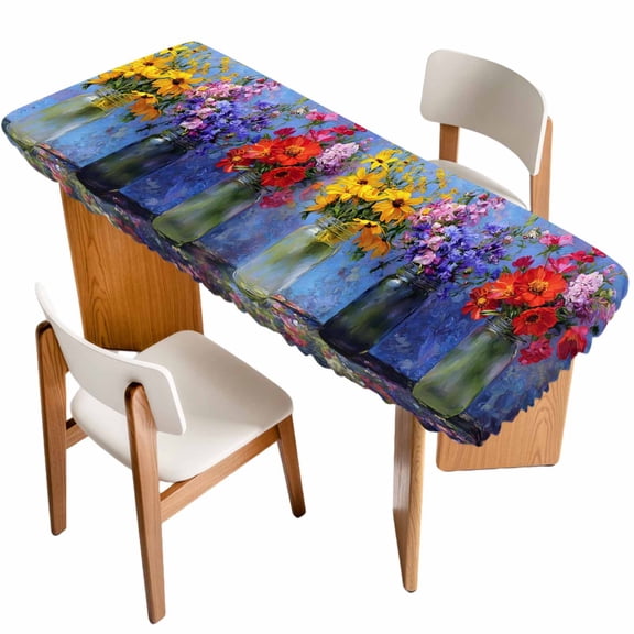 Spring Flowers Table Cloths for 8 Foot Rectangle Tables, Colorful Vases Floral Oil Painting Art Patio Waterproof Elastic Fitted Tablecloths, Washable Rectangular Table Cover for Camping