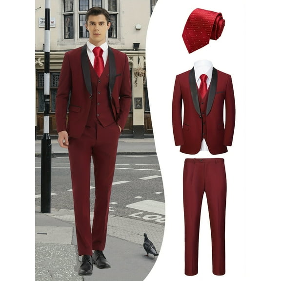 Beauty-Emily Men's 4-Piece Boutique Suit Set, Blazer, Vest, Pants & Red Tie, Elegant British Style Slim Fit Formal Attire for Business, Wedding, Banquet & Special Events
