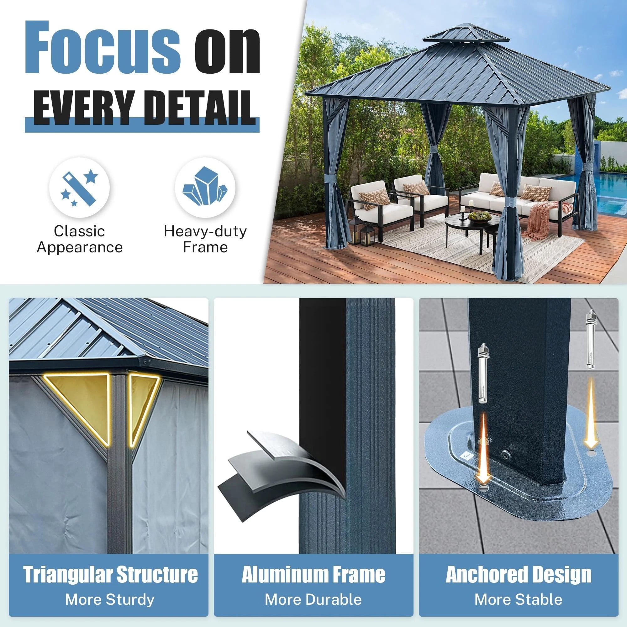 10' X 10' Hardtop Gazebo with Galvanized Steel Double Roof, Aluminum Frame Gazebos with Curtains and Netting, Outdoor Metal Pavilion for Patio, Lawn, and Garden, Grey