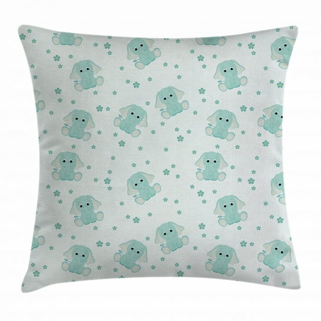 Elephant Nursery Decor Throw Pillow Cushion Cover, Young Elephants in Spring Meadow Daisies Child Baby Theme, Decorative Square Accent Pillow Case, 16 X 16 Inches, Light Blue Baby Blue, by Ambesonne