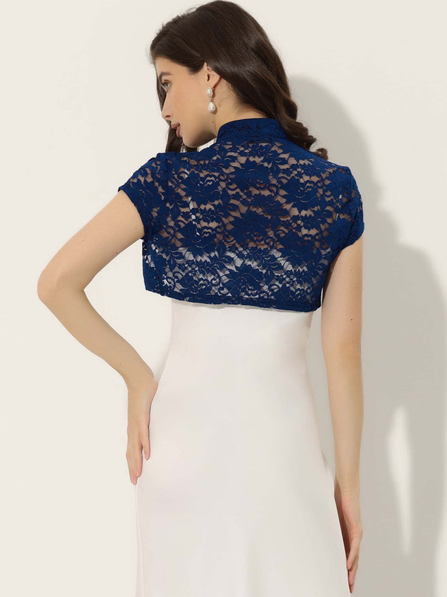DARING DIVA Lace Cardigan Stand Collar Short Elegant Shrug S Dark Blue